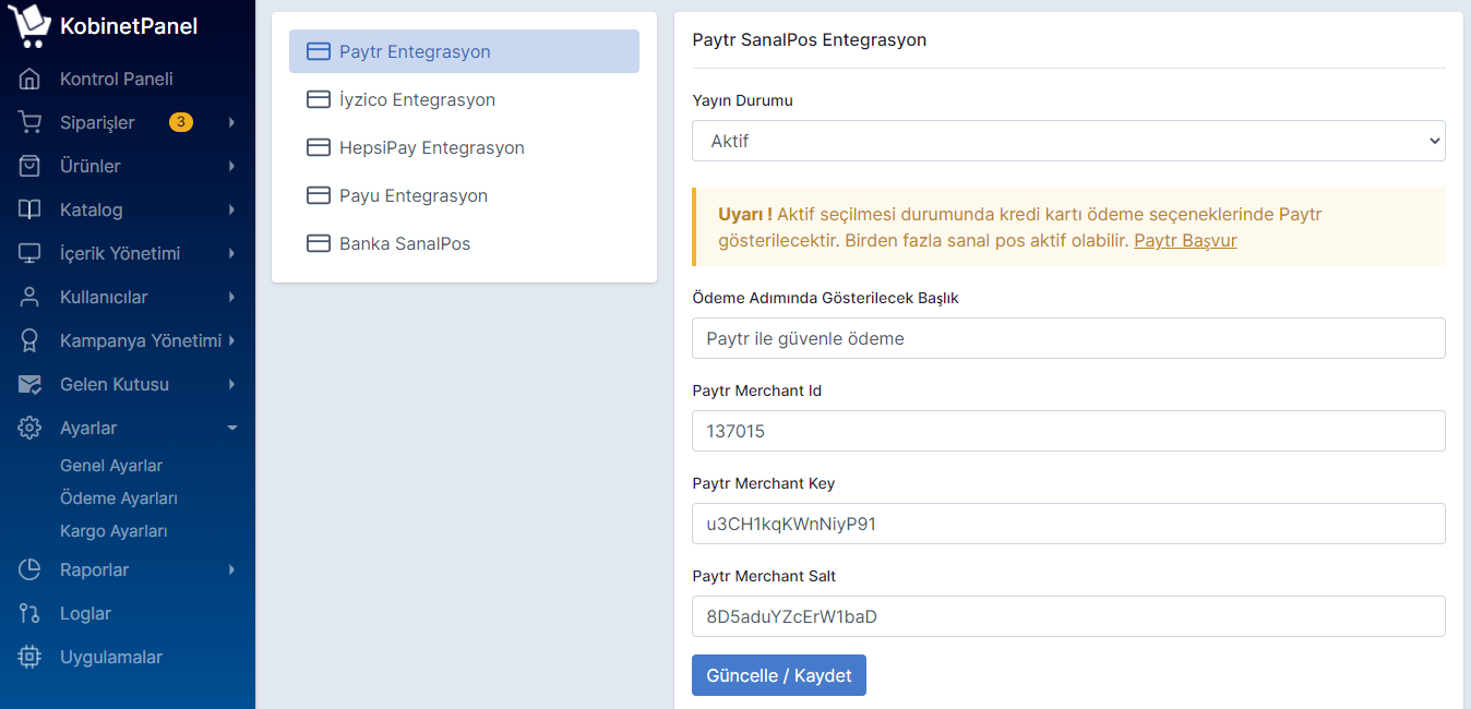 Sanalpos Entegrasyon Ayarları